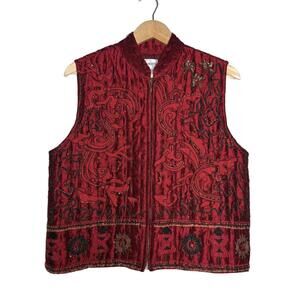 Red Silk Embroidered Puffer Vest